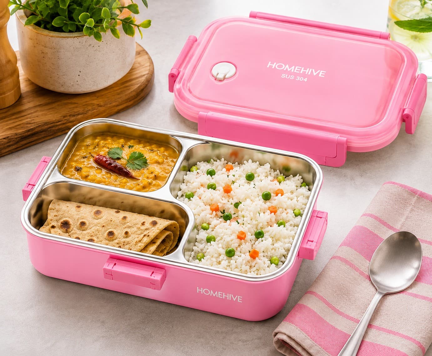 Premium Stainless Steel Leak-Proof Lunch Box with 3 Compartments Pink-750ml