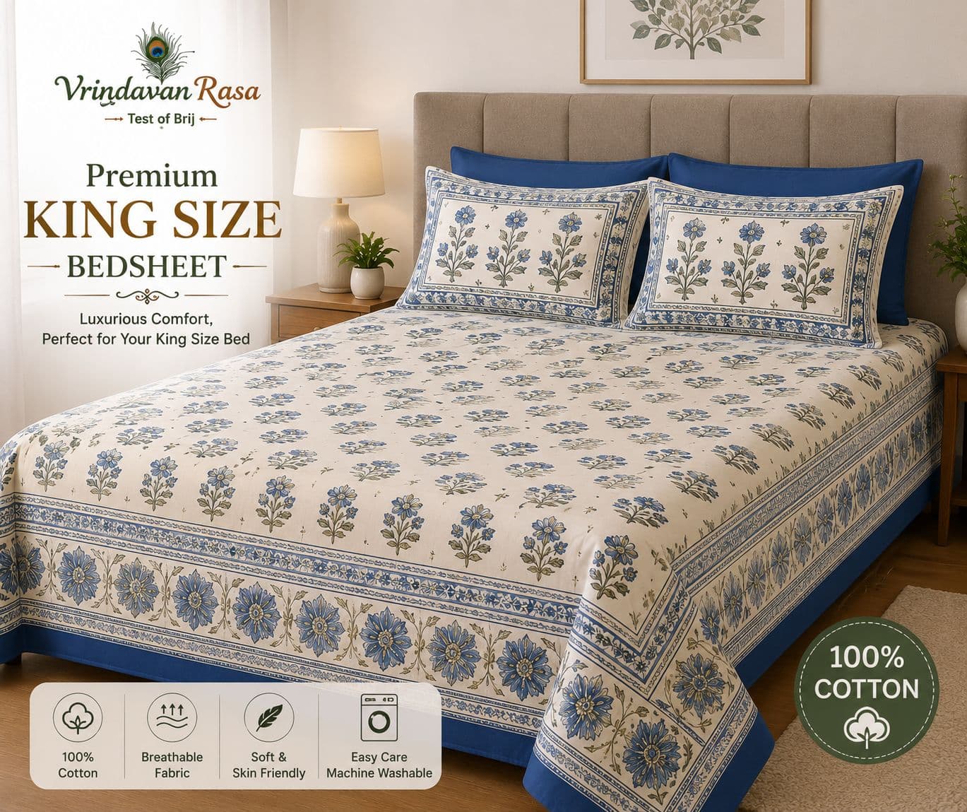Vrindavan Rasa Soft Cottton Floral Print Bedsheet with 2 Pillow Covers Blue King Size (36*76)