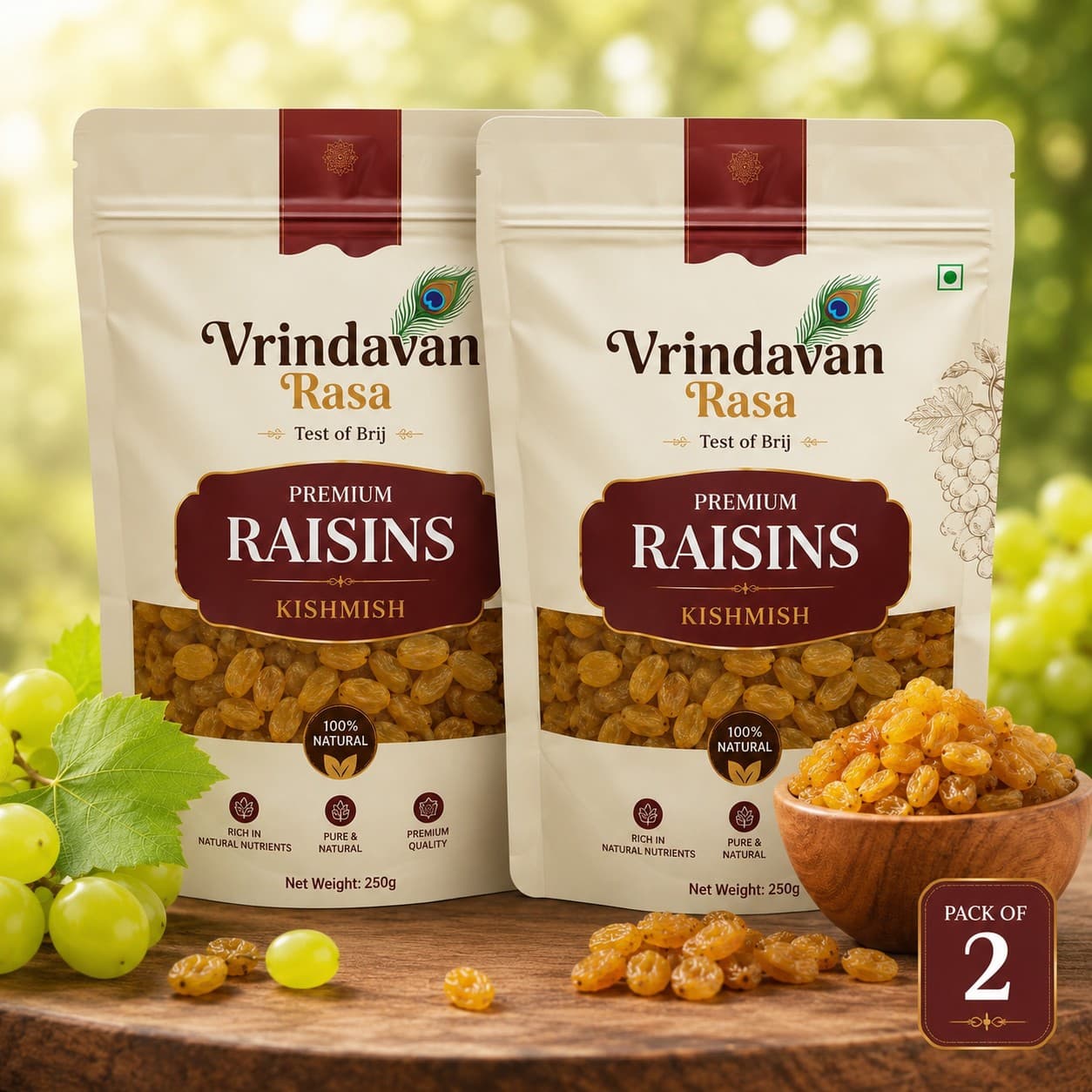 Premium Golden Raisins (Kishmish) | Naturally Sweet & Seedless | Vrindavan Rasa 250g (Pack Of 2)