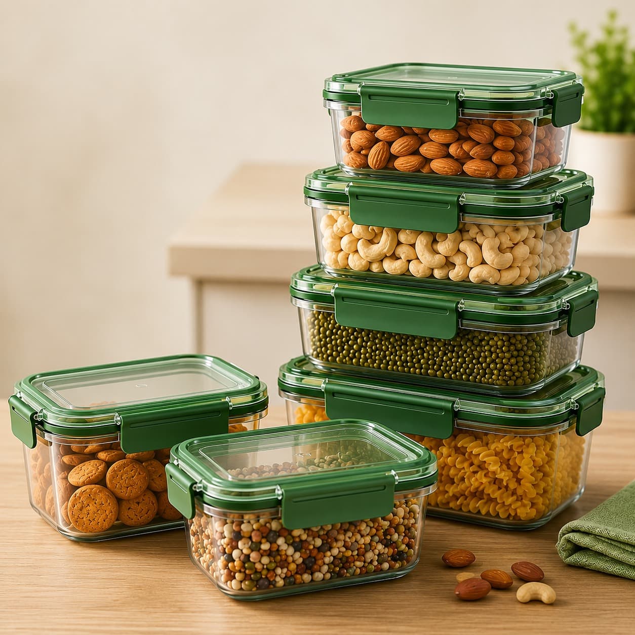 Vrindavan Rasa Premium Airtight Food Storage Container Green Set Of 6 (300ml, 500ml, 700ml, 1000ml, 1200ml, 1500ml)