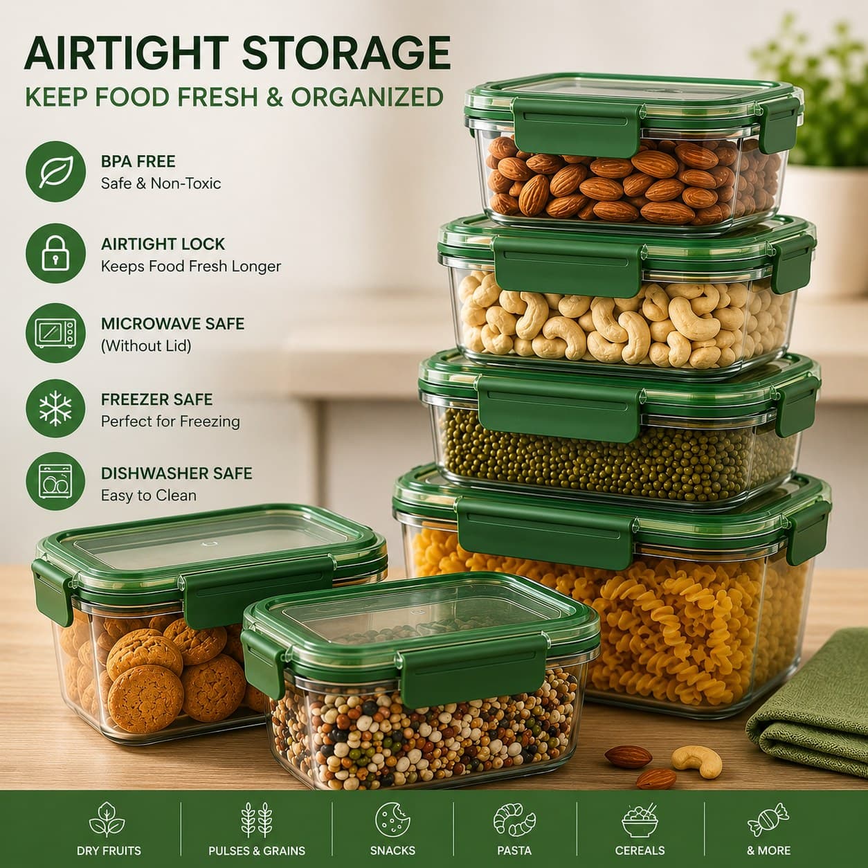 Vrindavan Rasa Premium Airtight Food Storage Container Green Set Of 6 (300ml, 500ml, 700ml, 1000ml, 1200ml, 1500ml)