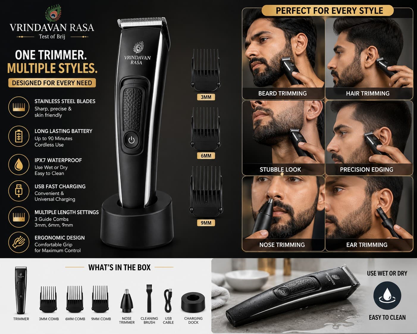 Vrindavan Rasa Premium Cordless Beard & Hair Trimmer for Men Black
